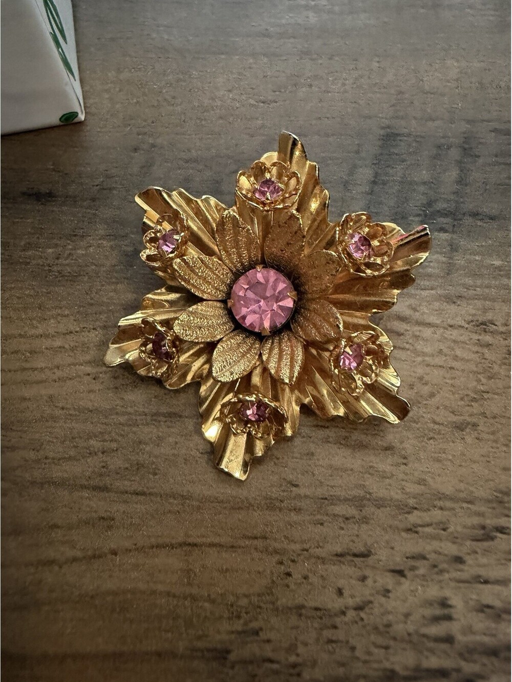 Vintage Gold Tone American Flower Brooch Pink  60s Rhinestone